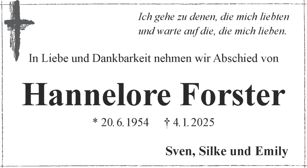  Traueranzeige für Hannelore Forster vom 11.01.2025 aus Gelnhäuser Neue Zeitung