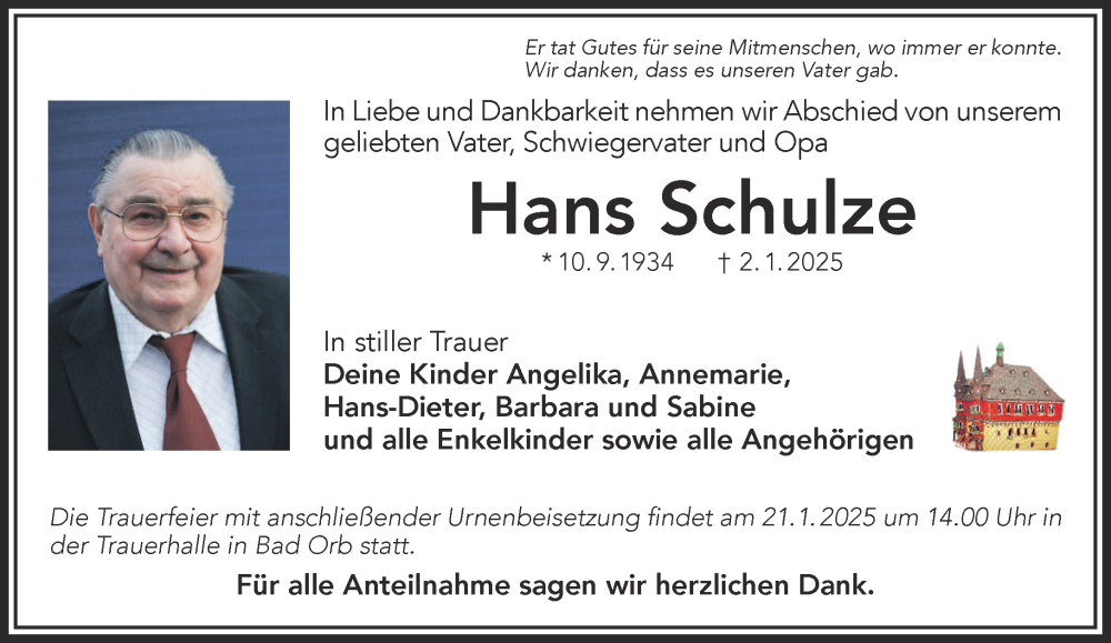 Traueranzeige für Hans Schulze vom 18.01.2025 aus Mittelhessen-Bote
