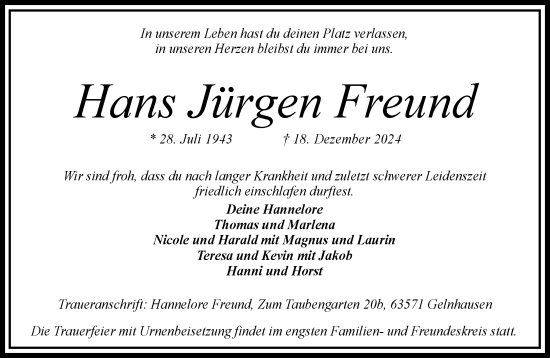 Traueranzeige von Hans Jürgen Freund von Mittelhessen-Bote