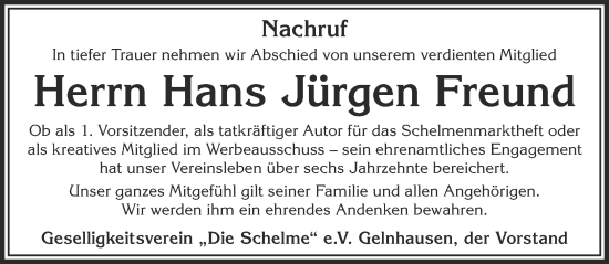 Traueranzeige von Hans Jürgen Freund von Gelnhäuser Neue Zeitung