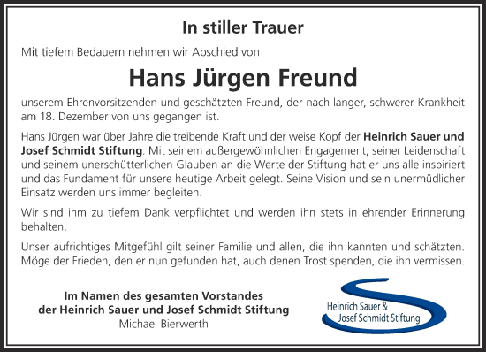Traueranzeige von Hans Jürgen Freund von Mittelhessen-Bote