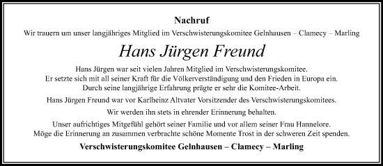 Traueranzeige von Hans Jürgen Freund von Gelnhäuser Neue Zeitung