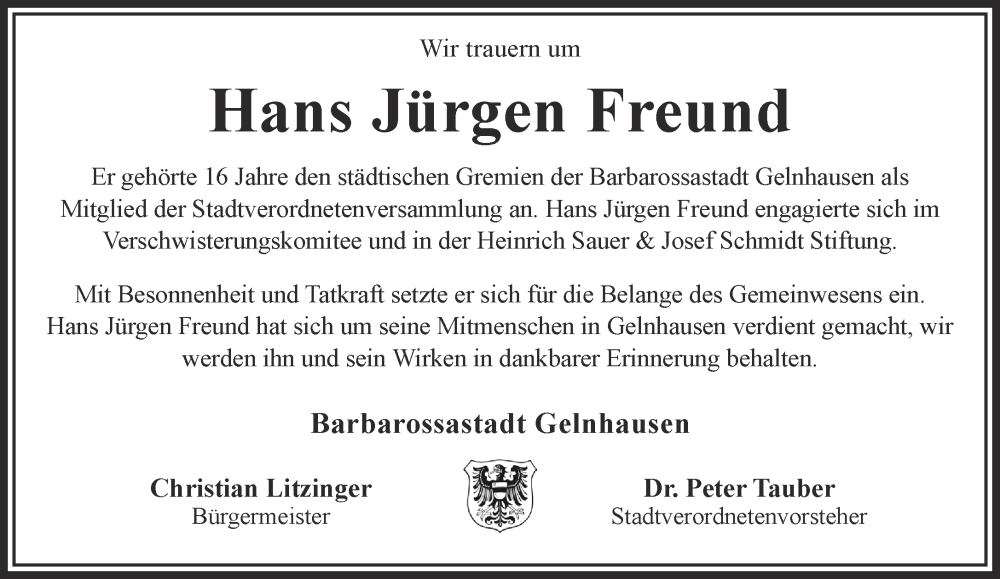  Traueranzeige für Hans Jürgen Freund vom 11.01.2025 aus Gelnhäuser Neue Zeitung