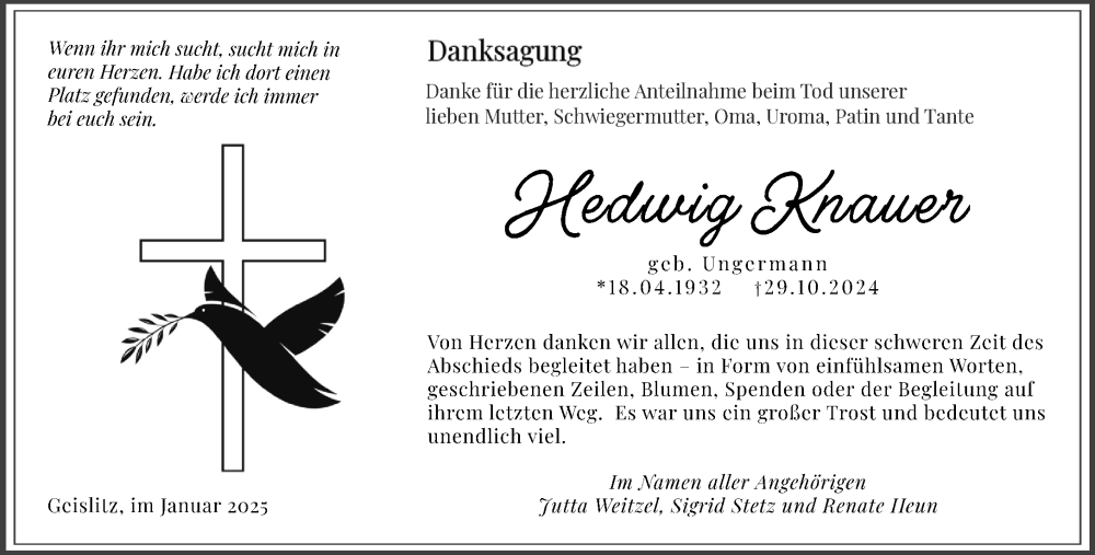  Traueranzeige für Hedwig Knauer vom 11.01.2025 aus Gelnhäuser Neue Zeitung