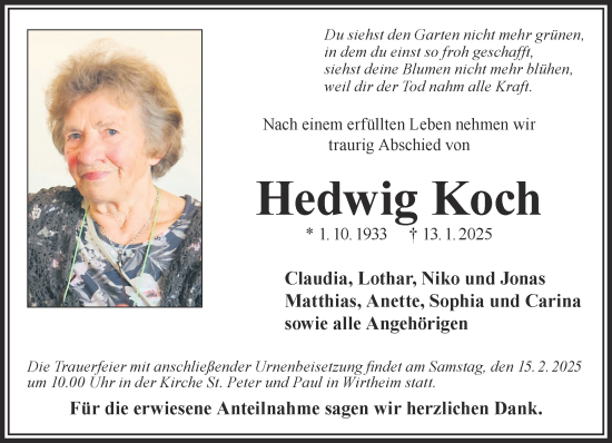 Traueranzeige von Hedwig Koch von Gelnhäuser Neue Zeitung