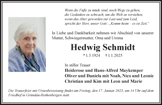 Traueranzeige von Hedwig Schmidt von Gelnhäuser Neue Zeitung