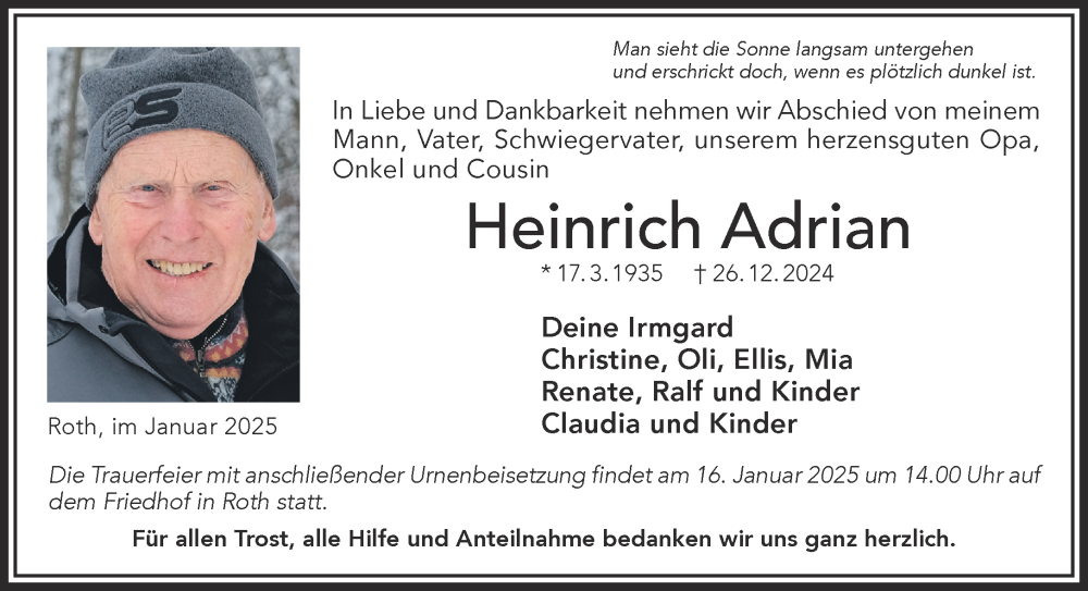  Traueranzeige für Heinrich Adrian vom 11.01.2025 aus Gelnhäuser Neue Zeitung
