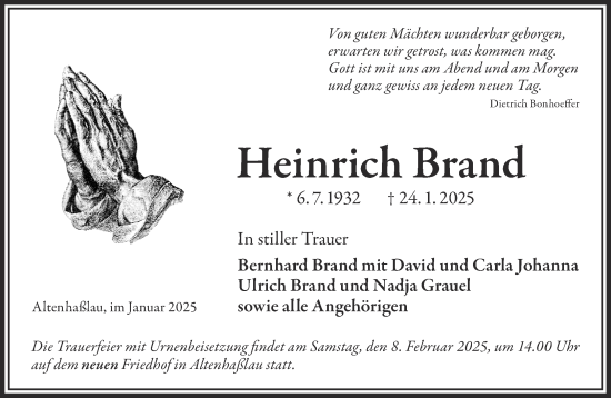 Traueranzeige von Heinrich Brand von Gelnhäuser Neue Zeitung