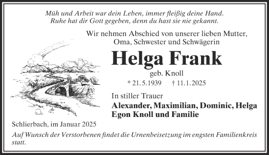 Traueranzeige von Helga Frank von Gelnhäuser Neue Zeitung