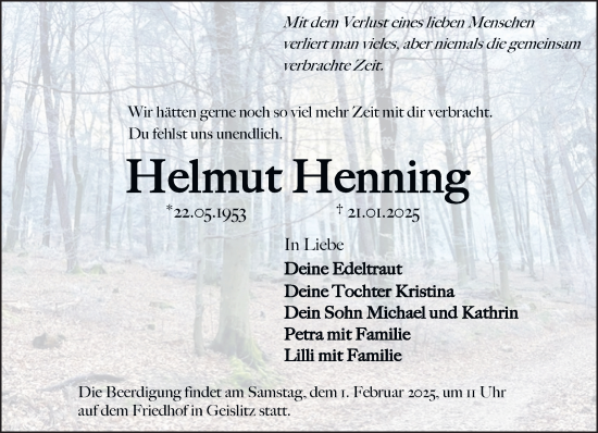 Traueranzeige von Helmut Henning von Gelnhäuser Neue Zeitung