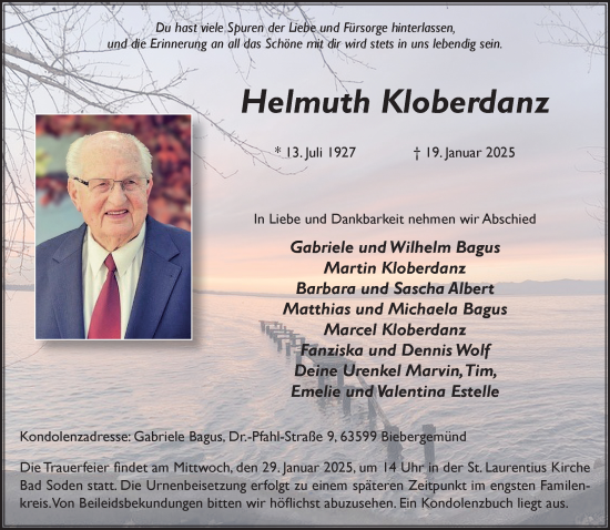 Traueranzeige von Helmuth Kloberdanz von Gelnhäuser Neue Zeitung
