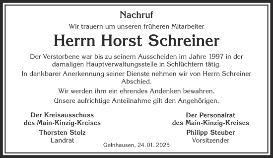 Traueranzeige von Horst Schreiner von Mittelhessen-Bote