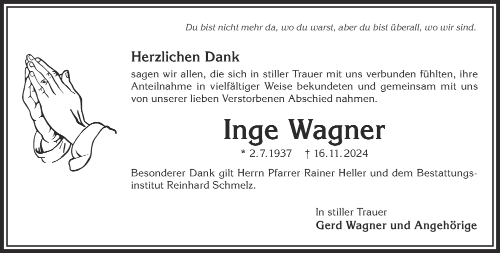  Traueranzeige für Inge Wagner vom 25.01.2025 aus Gelnhäuser Neue Zeitung