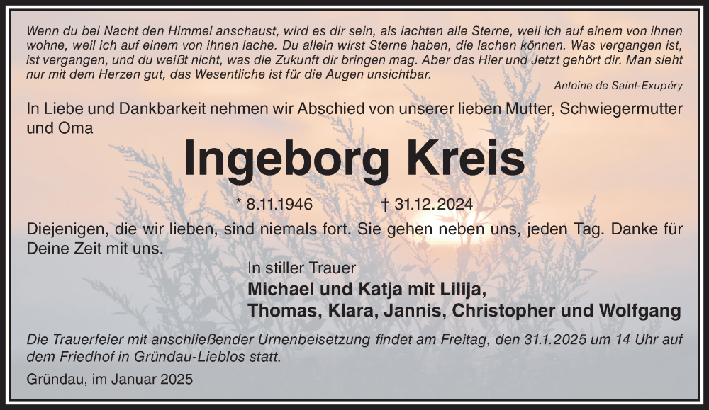  Traueranzeige für Ingeborg Kreis vom 25.01.2025 aus Mittelhessen-Bote