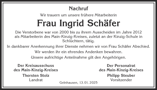 Traueranzeige von Ingrid Schäfer von Mittelhessen-Bote