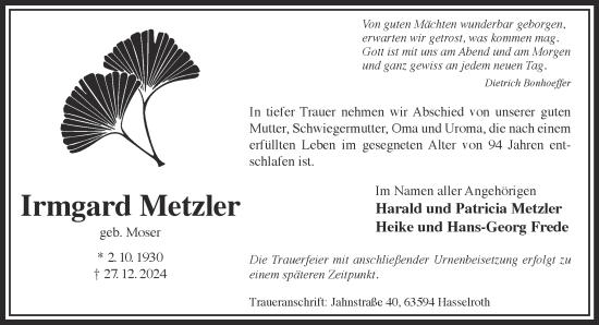 Traueranzeige von Irmgard Metzler von Gelnhäuser Neue Zeitung
