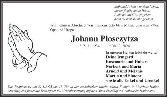 Traueranzeige von Johann Plosczytza von Mittelhessen-Bote