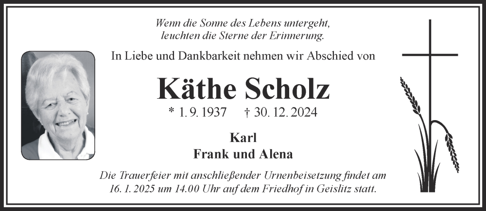  Traueranzeige für Käthe Scholz vom 11.01.2025 aus Gelnhäuser Neue Zeitung