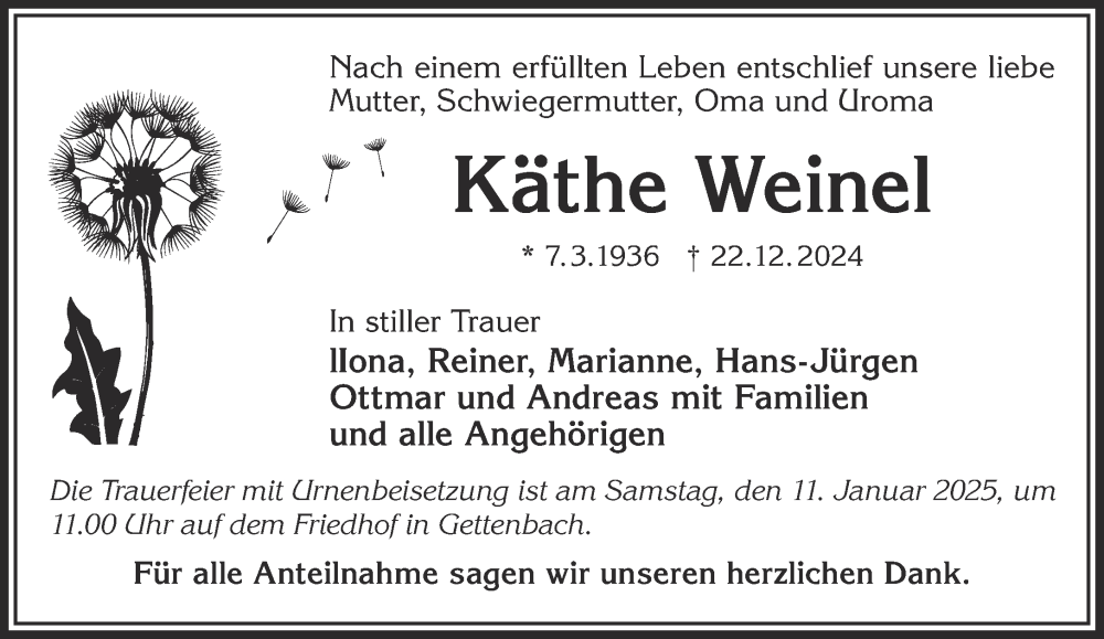  Traueranzeige für Käthe Weinel vom 04.01.2025 aus Gelnhäuser Neue Zeitung
