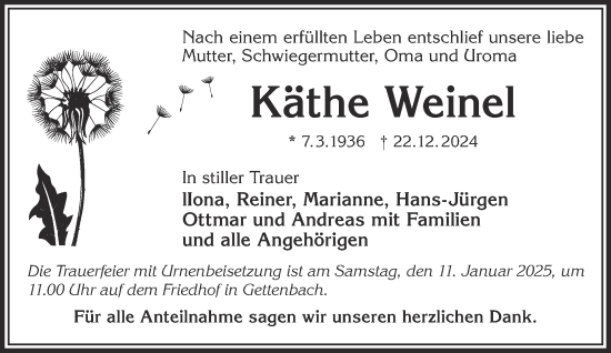 Traueranzeige von Käthe Weinel von Gelnhäuser Neue Zeitung