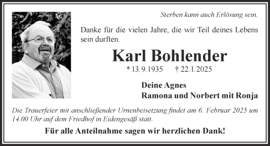 Traueranzeige von Karl Bohlender von Gelnhäuser Neue Zeitung
