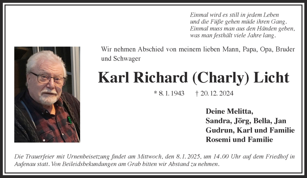 Traueranzeige für Karl  Licht vom 04.01.2025 aus Mittelhessen-Bote
