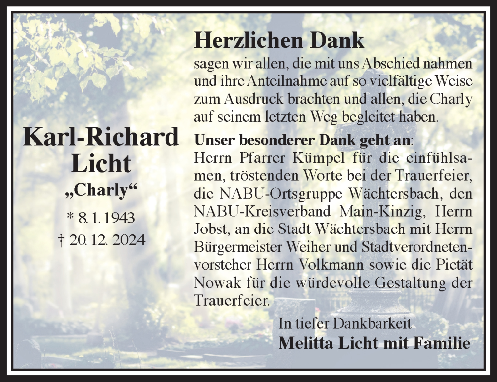  Traueranzeige für Karl-Richard Licht vom 01.02.2025 aus Gelnhäuser Neue Zeitung