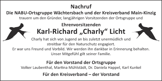 Traueranzeige von Karl-Richard Licht von Mittelhessen-Bote