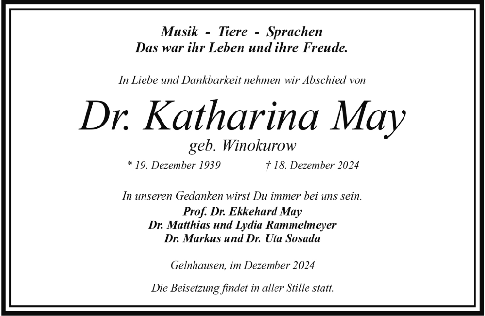 Traueranzeige für Katharina May vom 04.01.2025 aus Mittelhessen-Bote