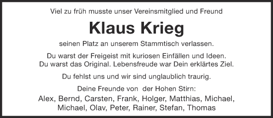 Traueranzeige von Klaus Krieg von Gelnhäuser Neue Zeitung