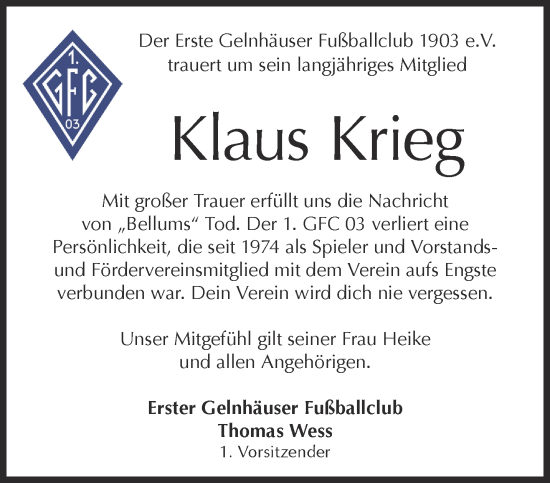 Traueranzeige von Klaus Krieg von Mittelhessen-Bote