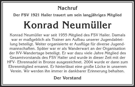 Traueranzeige von Konrad Neumüller von Gelnhäuser Neue Zeitung