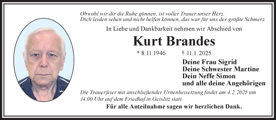 Traueranzeige von Kurt Brandes von Gelnhäuser Neue Zeitung