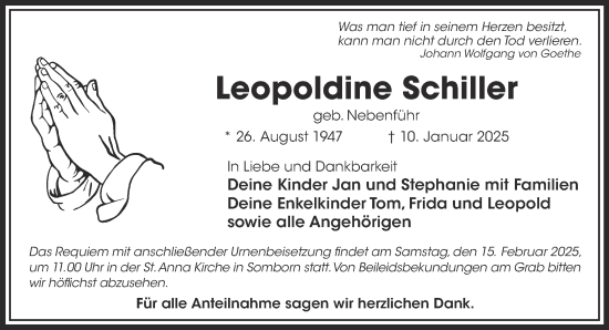 Traueranzeige von Leopoldine Schiller von Mittelhessen-Bote