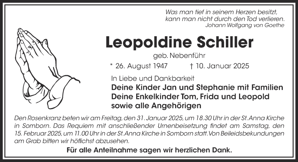  Traueranzeige für Leopoldine Schiller vom 28.01.2025 aus Gelnhäuser Neue Zeitung