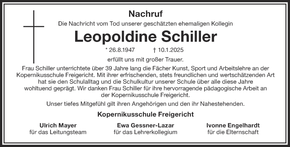 Traueranzeige für Leopoldine Schiller vom 01.02.2025 aus Gelnhäuser Neue Zeitung