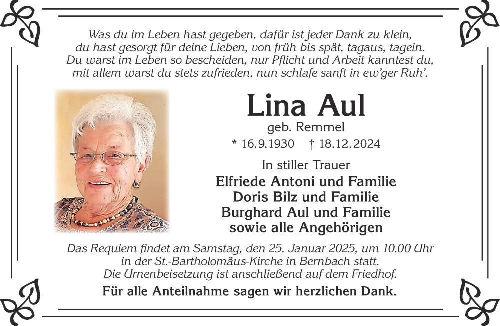  Traueranzeige für Lina Aul vom 04.01.2025 aus Mittelhessen-Bote