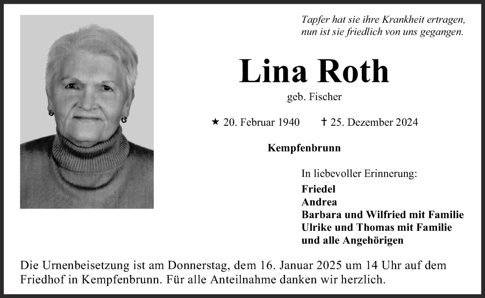  Traueranzeige für Lina Roth vom 14.01.2025 aus Gelnhäuser Neue Zeitung