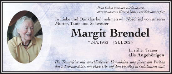 Traueranzeige von Margit Brendel von Gelnhäuser Neue Zeitung