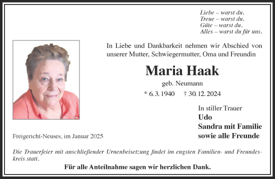 Traueranzeige von Maria Haak von Gelnhäuser Neue Zeitung