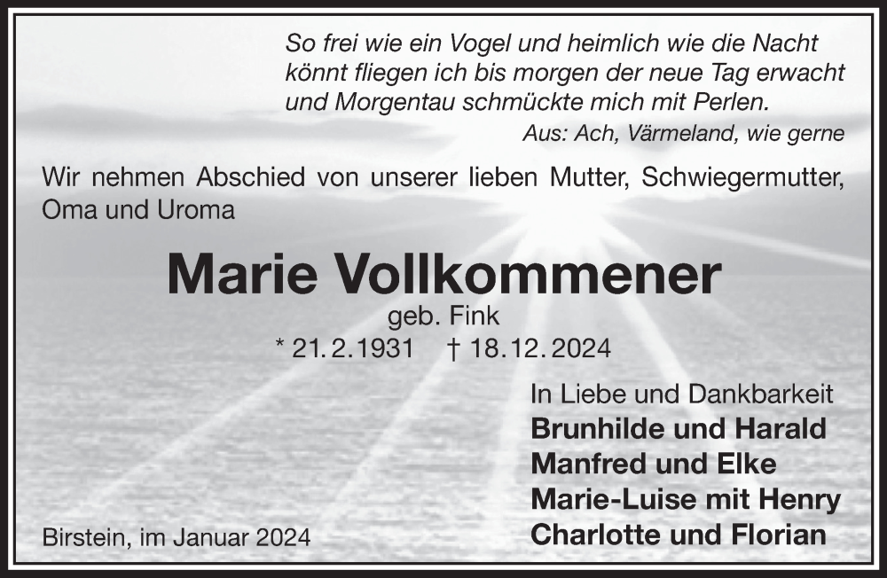  Traueranzeige für Marie Vollkommener vom 11.01.2025 aus Mittelhessen-Bote