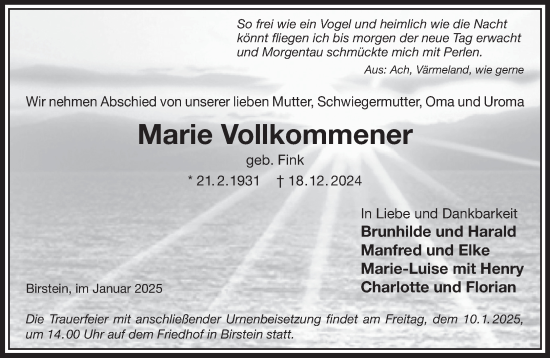 Traueranzeige von Marie Vollkommener von Gelnhäuser Neue Zeitung