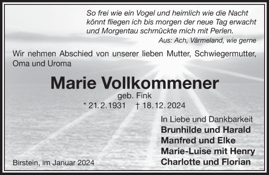 Traueranzeige von Marie Vollkommener von Mittelhessen-Bote