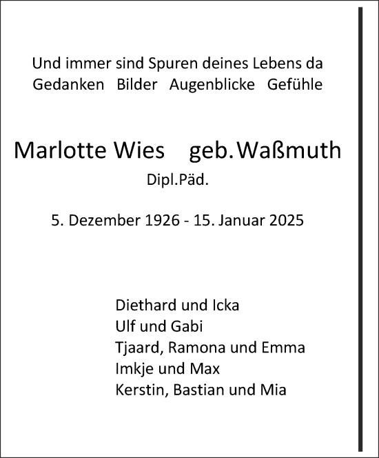 Traueranzeige von Marlotte Wies von Gelnhäuser Neue Zeitung
