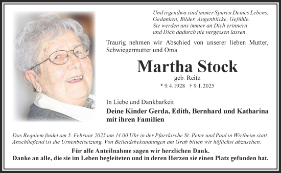 Traueranzeige von Martha Stock von Gelnhäuser Neue Zeitung