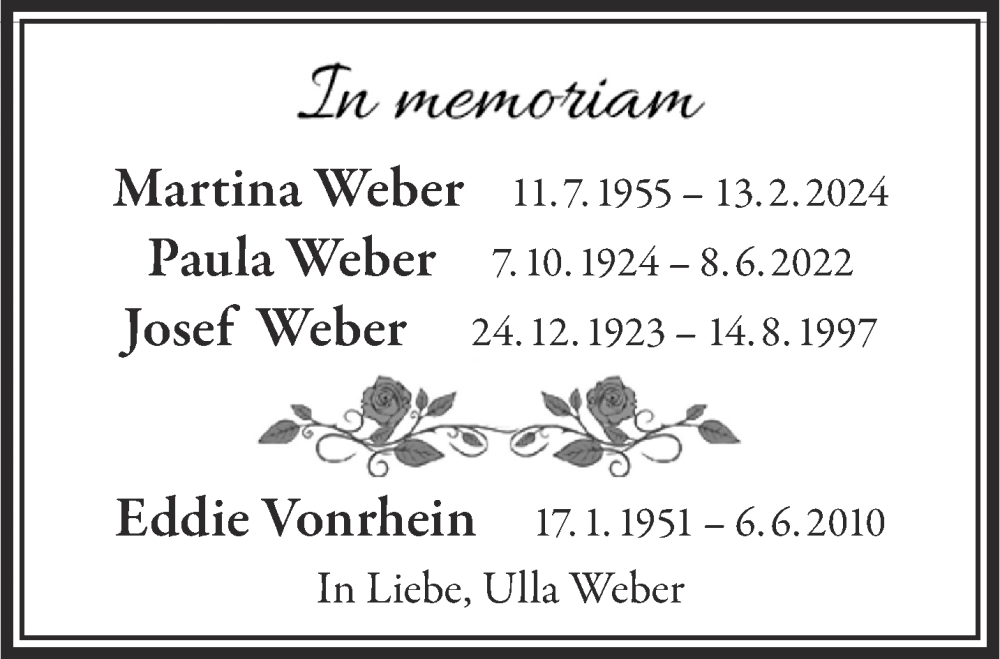  Traueranzeige für Martina und Paula und Josef Weber vom 25.01.2025 aus Gelnhäuser Neue Zeitung
