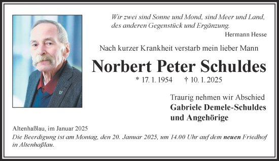 Traueranzeige von Norbert  Schuldes von Gelnhäuser Neue Zeitung