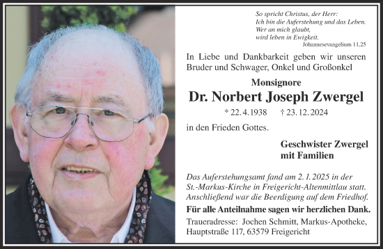 Traueranzeige von Norbert Zwergel von Mittelhessen-Bote