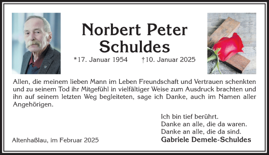 Traueranzeige von Norbert Peter Schuldes von Gelnhäuser Neue Zeitung