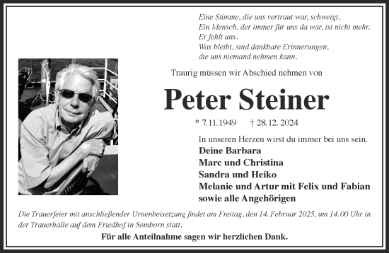 Traueranzeige von Peter Steiner von Gelnhäuser Neue Zeitung